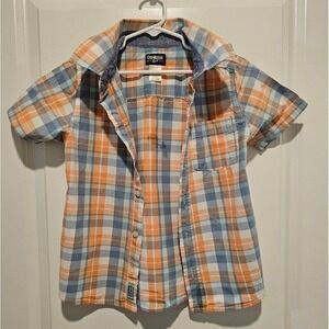 Kid's sz7 OshKosh B'gosh Plaid Short Sleeve Button Up Shirt Orange Blue Pastel